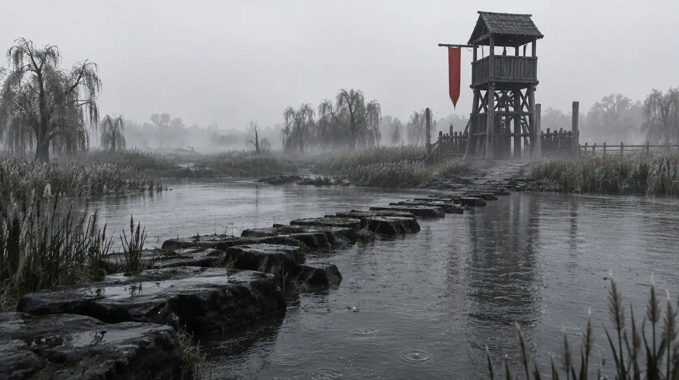 Penyeberangan sungai dangkal dari batu pijakan hitam, menara tol kayu di tepi seberang